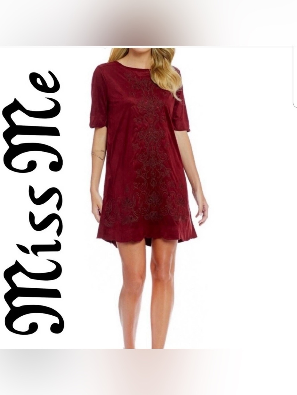 Miss Me Wine Embroidered Faux Suede Shift Dress